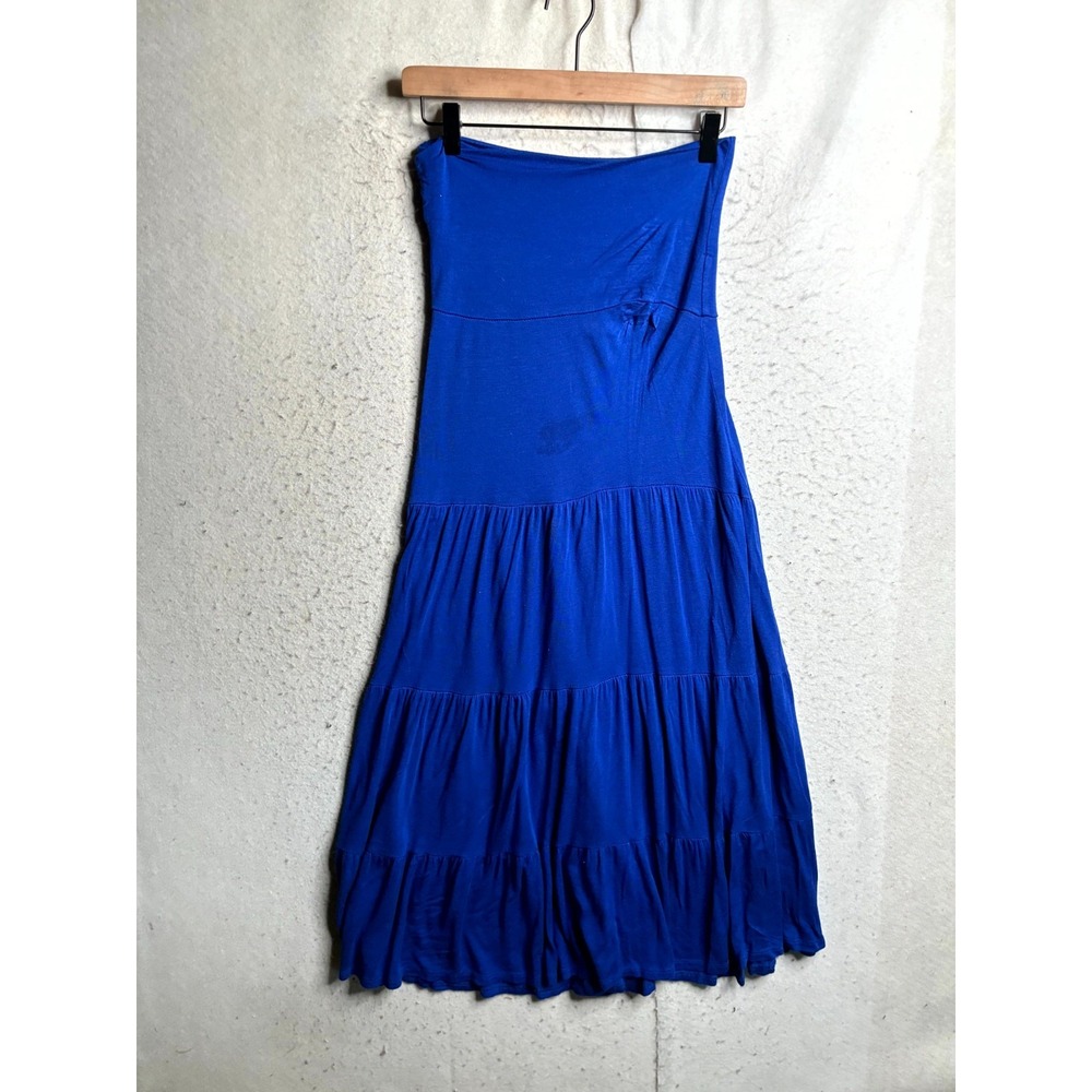 Chris Carol Midi Dress Womens Medium Royal Blue Knit Strapless Tiered USA Made
